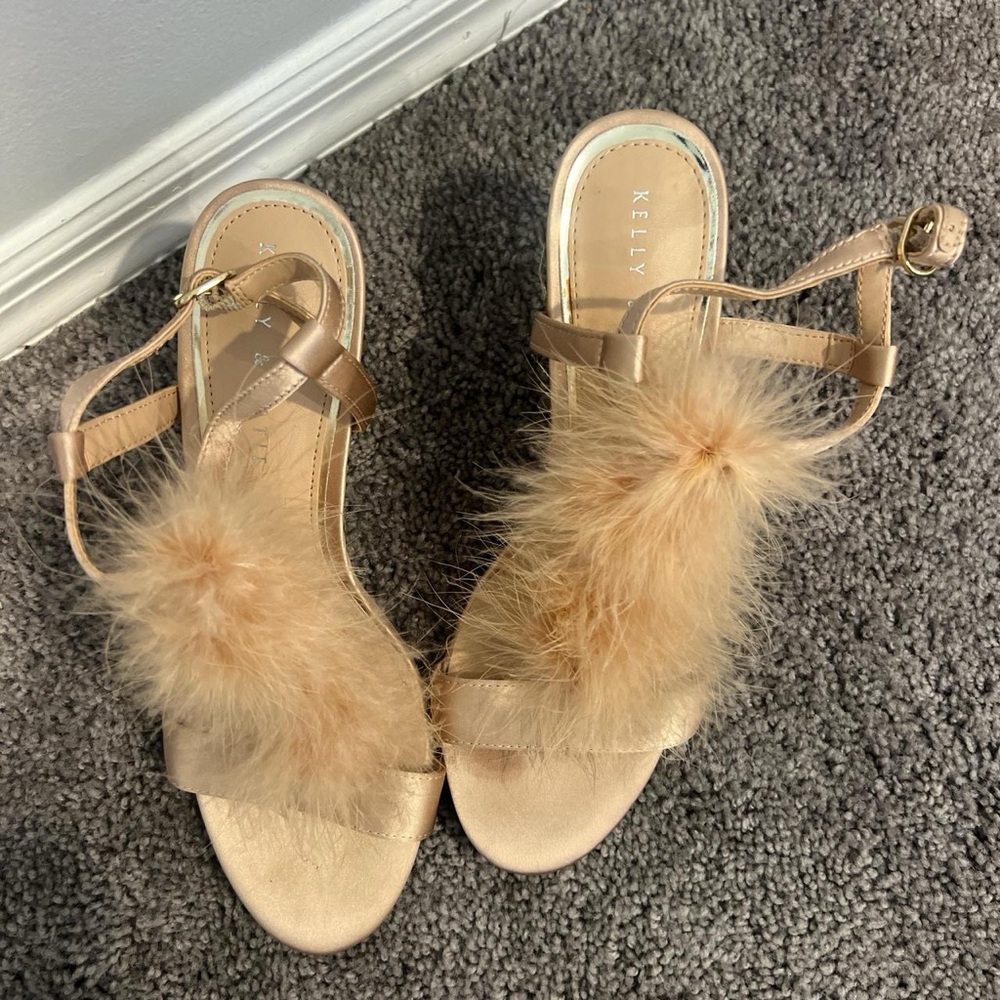 Gold open toe heels with fur detail